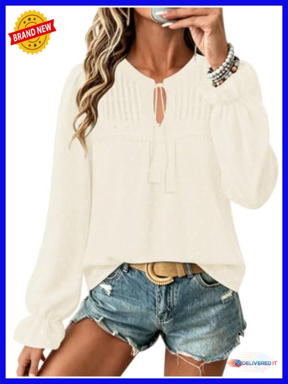 Women's Boho Swiss Dot Long Sleeve Peasant Blouse Tunic